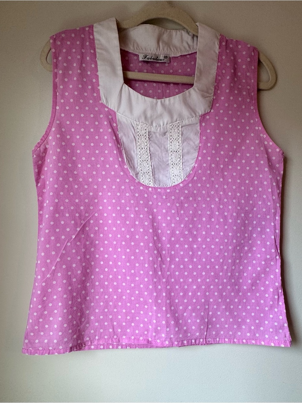 Vintage Y2K Pink Polka Dot Sleeveless Top with White Yoke
